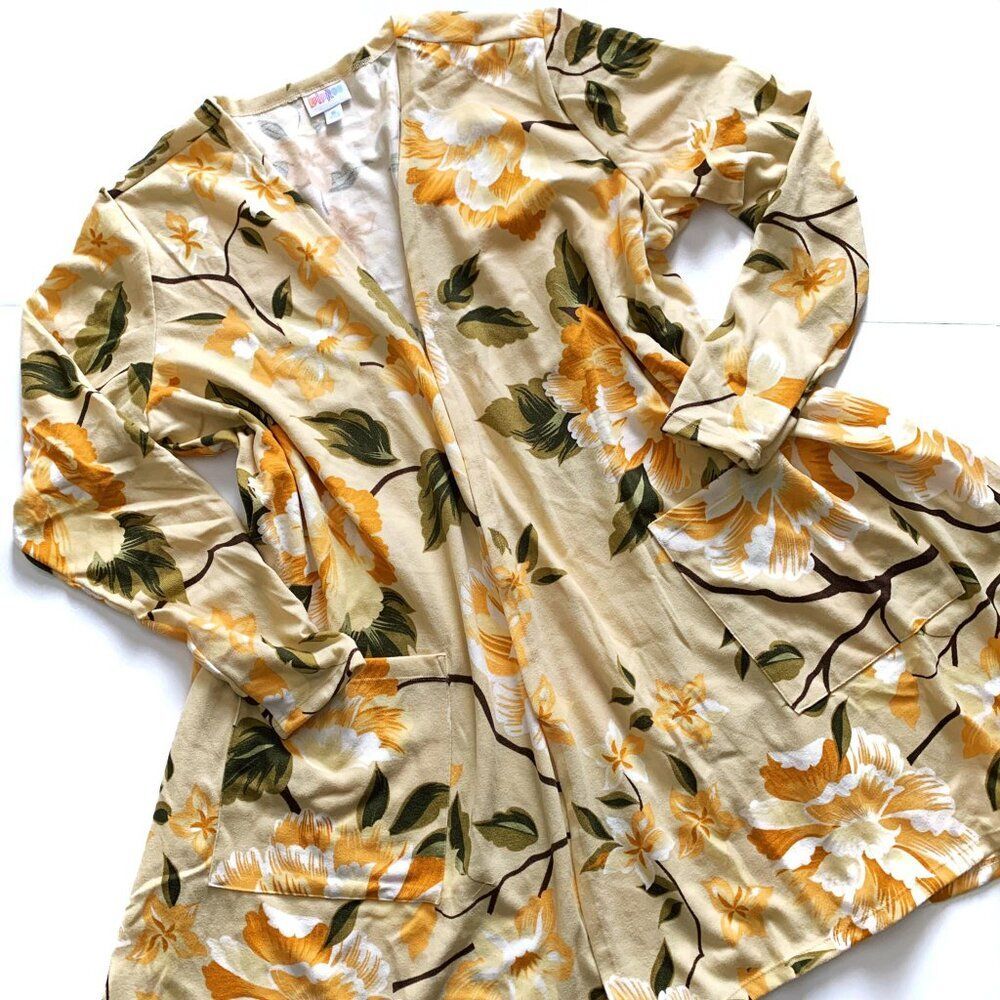 NEW M LuLaRoe Caroline Long Sleeve Swing Cardigan Sweater Yellow Floral Gold